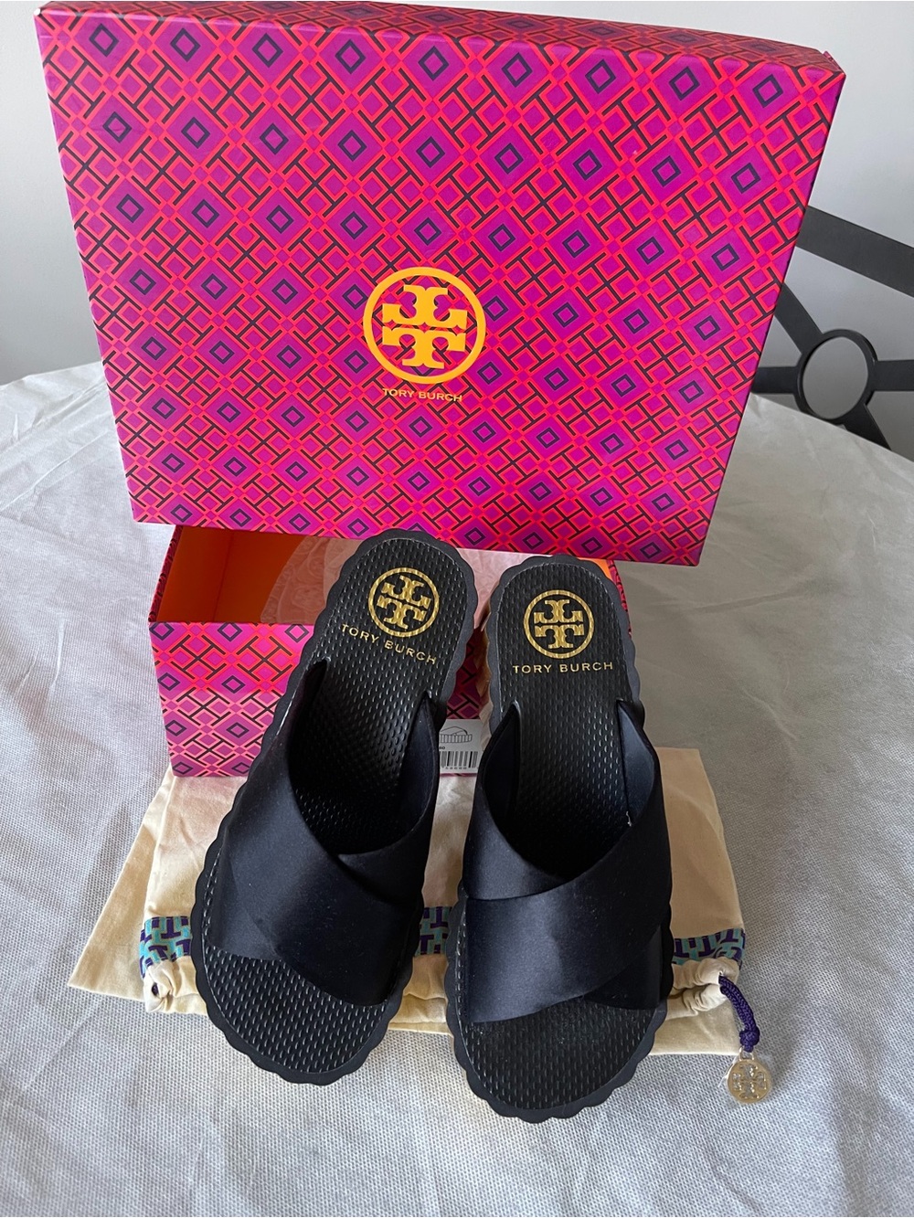 Tory Burch Black Satin Scallop Wedge Platform Cross-Strap Slide Sandals - Picture 4 of 14